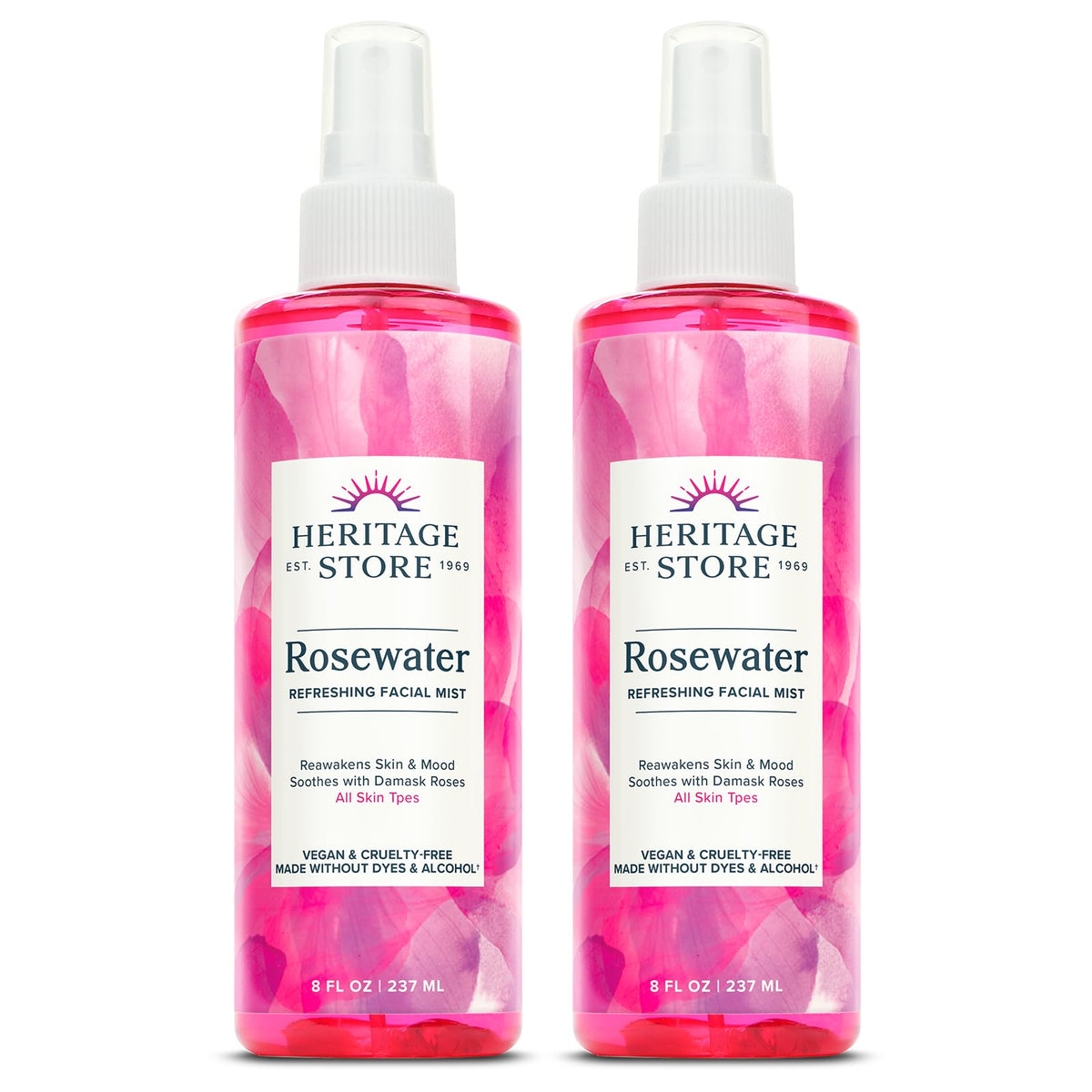 HERITAGE STORE Rosewater 2-pack bottle front, refreshing facial mist for all skin types.