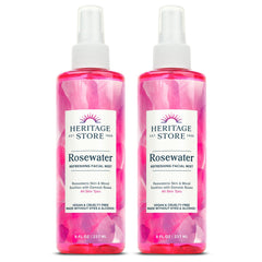 HERITAGE STORE Rosewater 2-pack bottle front, refreshing facial mist for all skin types.
