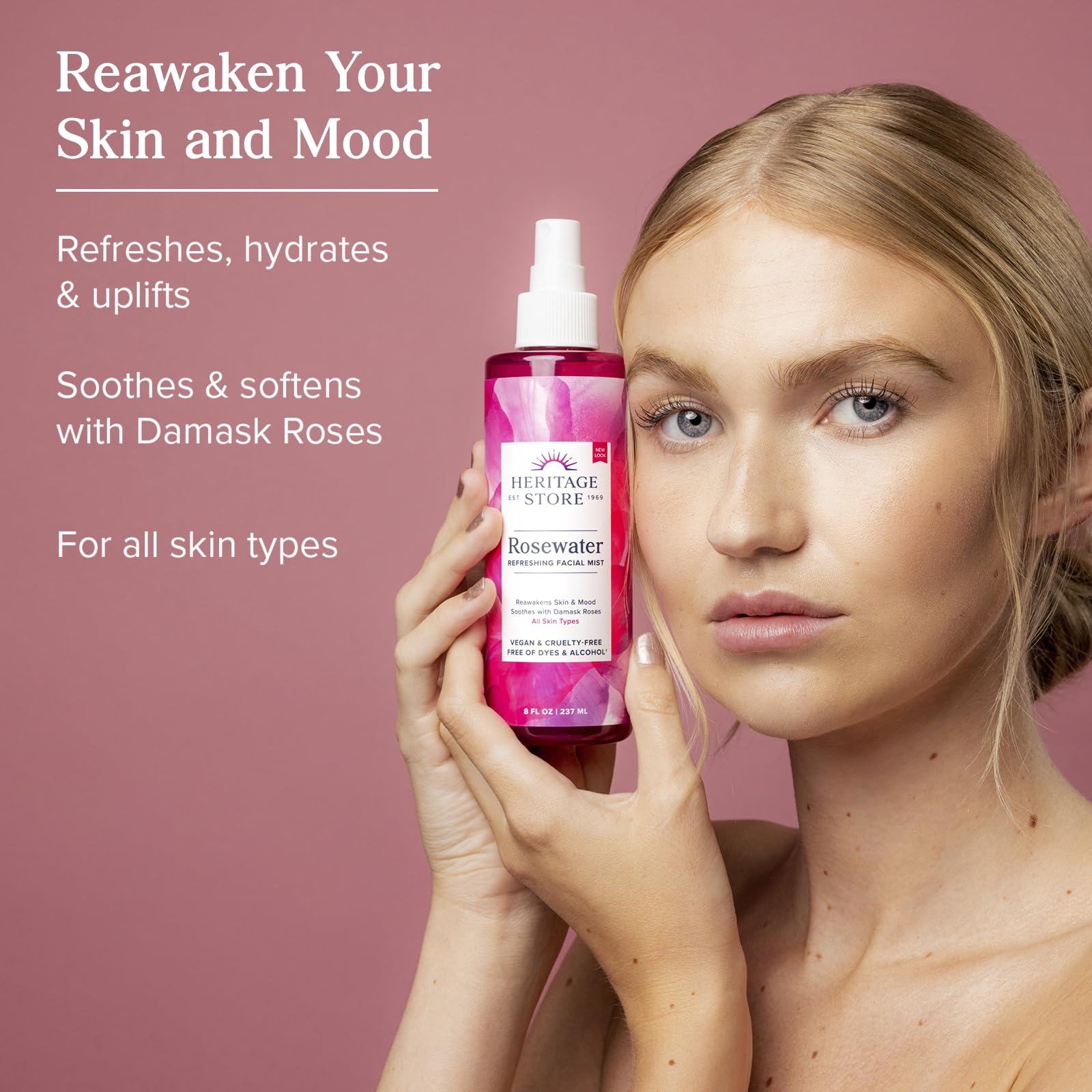 HERITAGE STORE Rosewater 2-pack bottle side, vegan and cruelty-free skincare option.