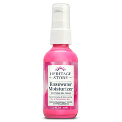 HERITAGE STORE Rosewater Moisturizer bottle closeup showing soothing gel for dry to combination skin.