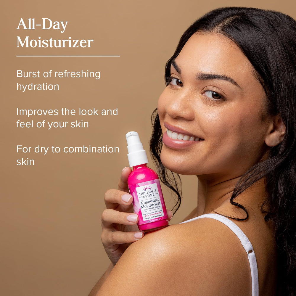 HERITAGE STORE Rosewater Moisturizer gel texture spreads smoothly for refreshing daytime hydration.