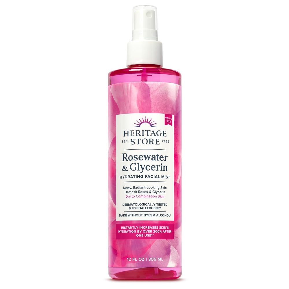 Heritage Store Rosewater & Glycerin face mist bottle showing lightweight hydration