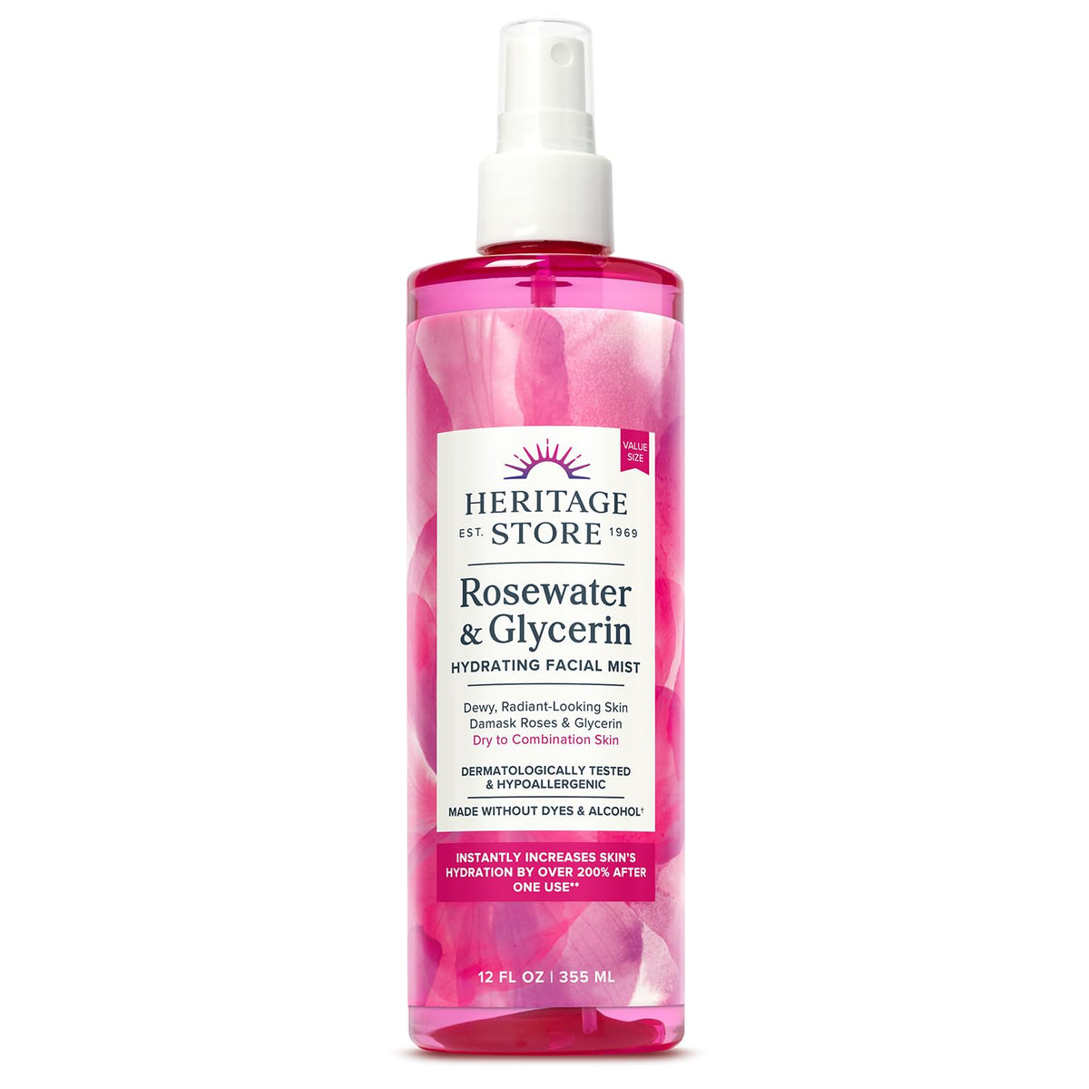 Heritage Store Rosewater & Glycerin face mist bottle showing lightweight hydration