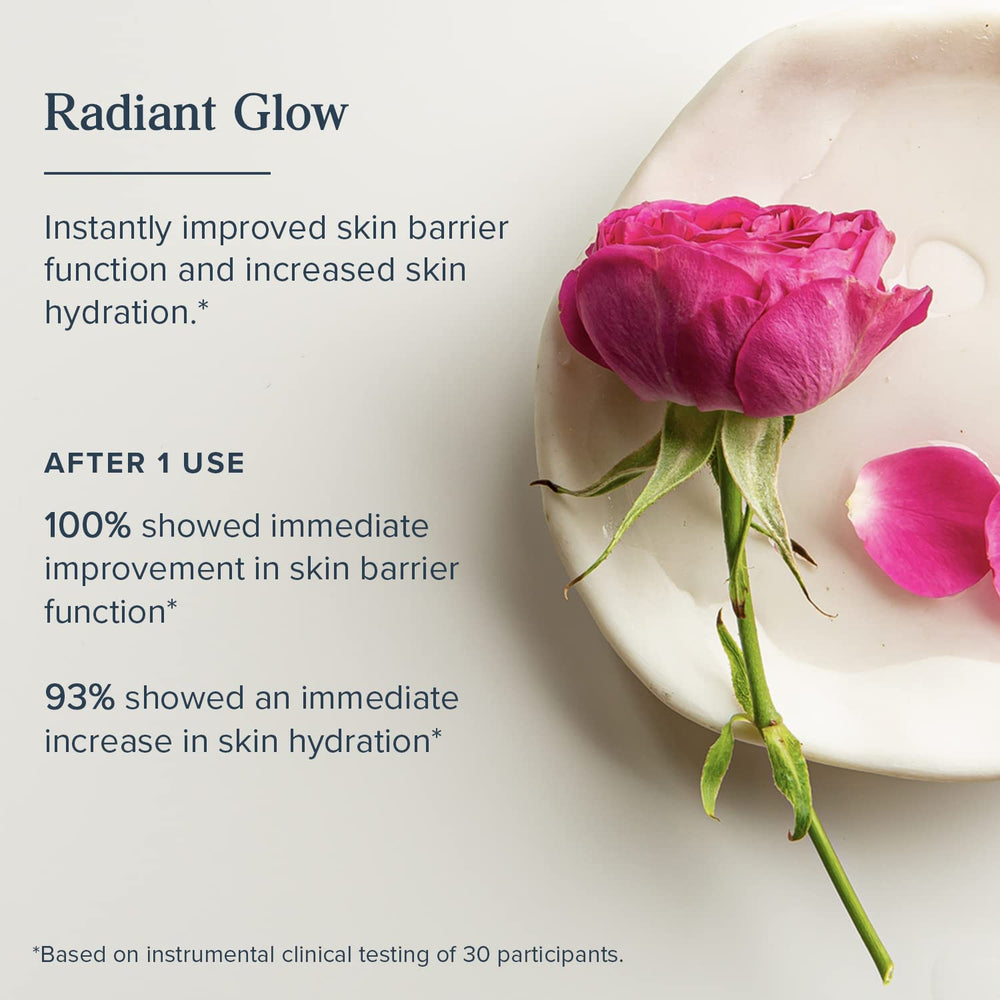 HERITAGE STORE Rosewater Serum application demonstrating 1% HA hydration on skin