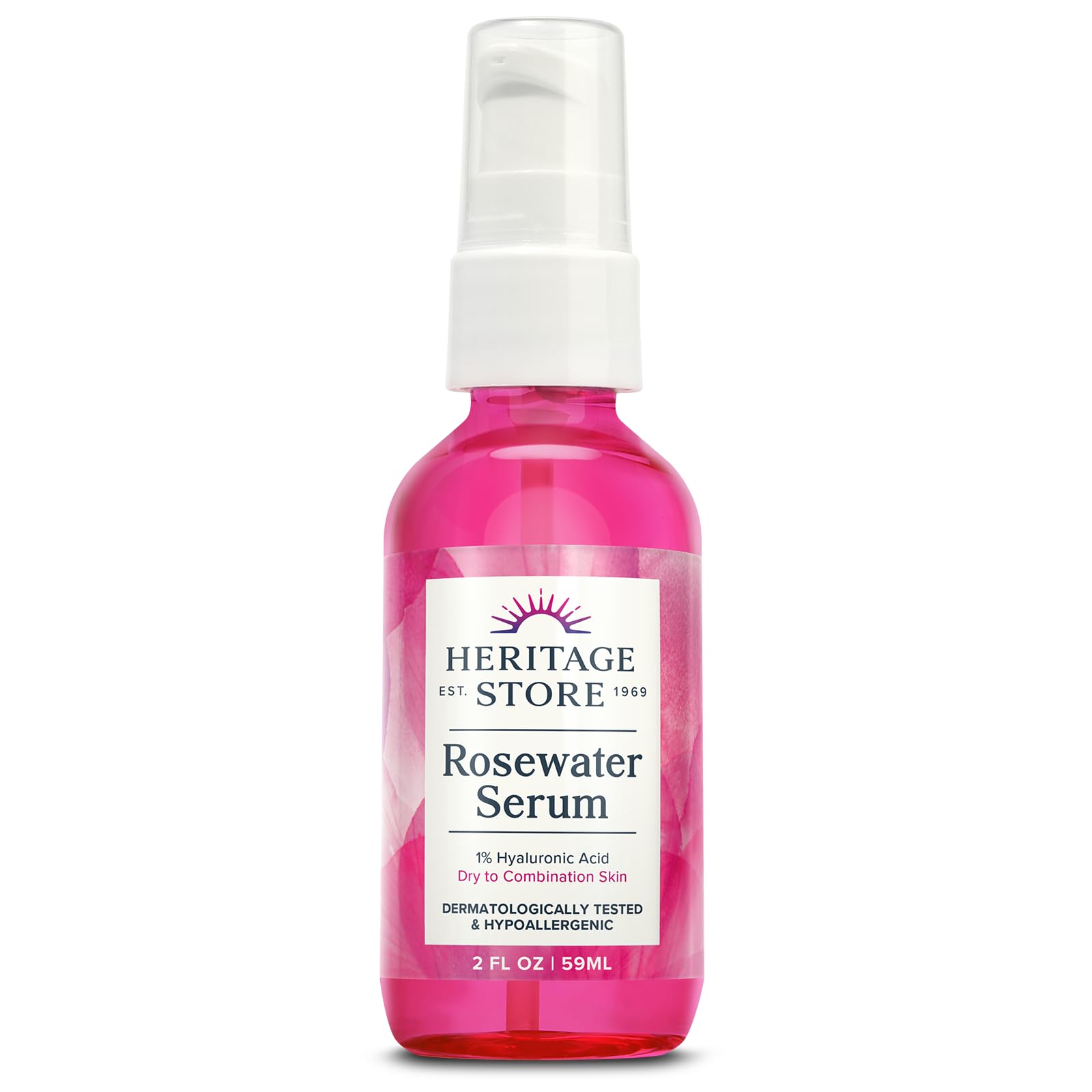 HERITAGE STORE Rosewater Serum bottle showing a hydrating, clean design for healthy-looking skin