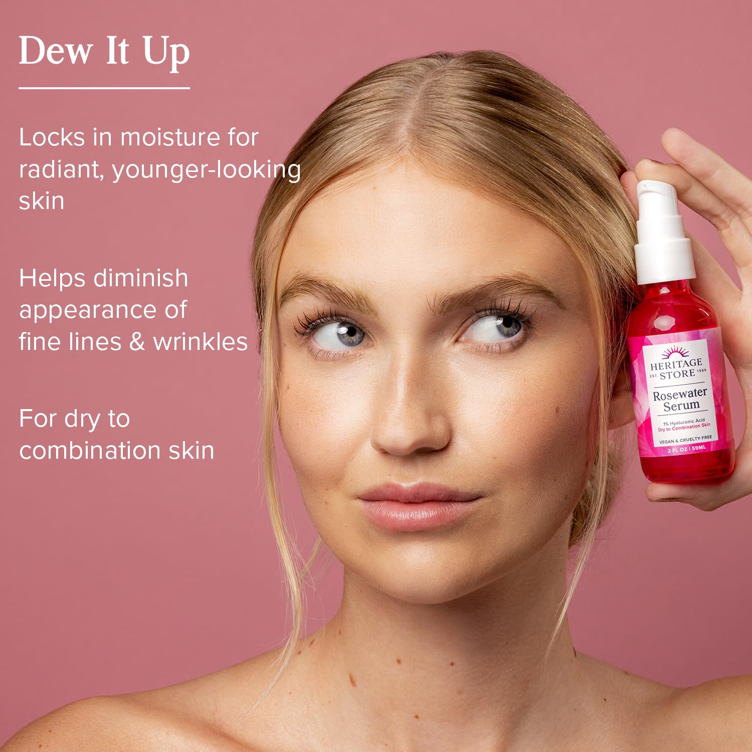 HERITAGE STORE Rosewater Serum closeup with smooth texture ideal for dewy skin