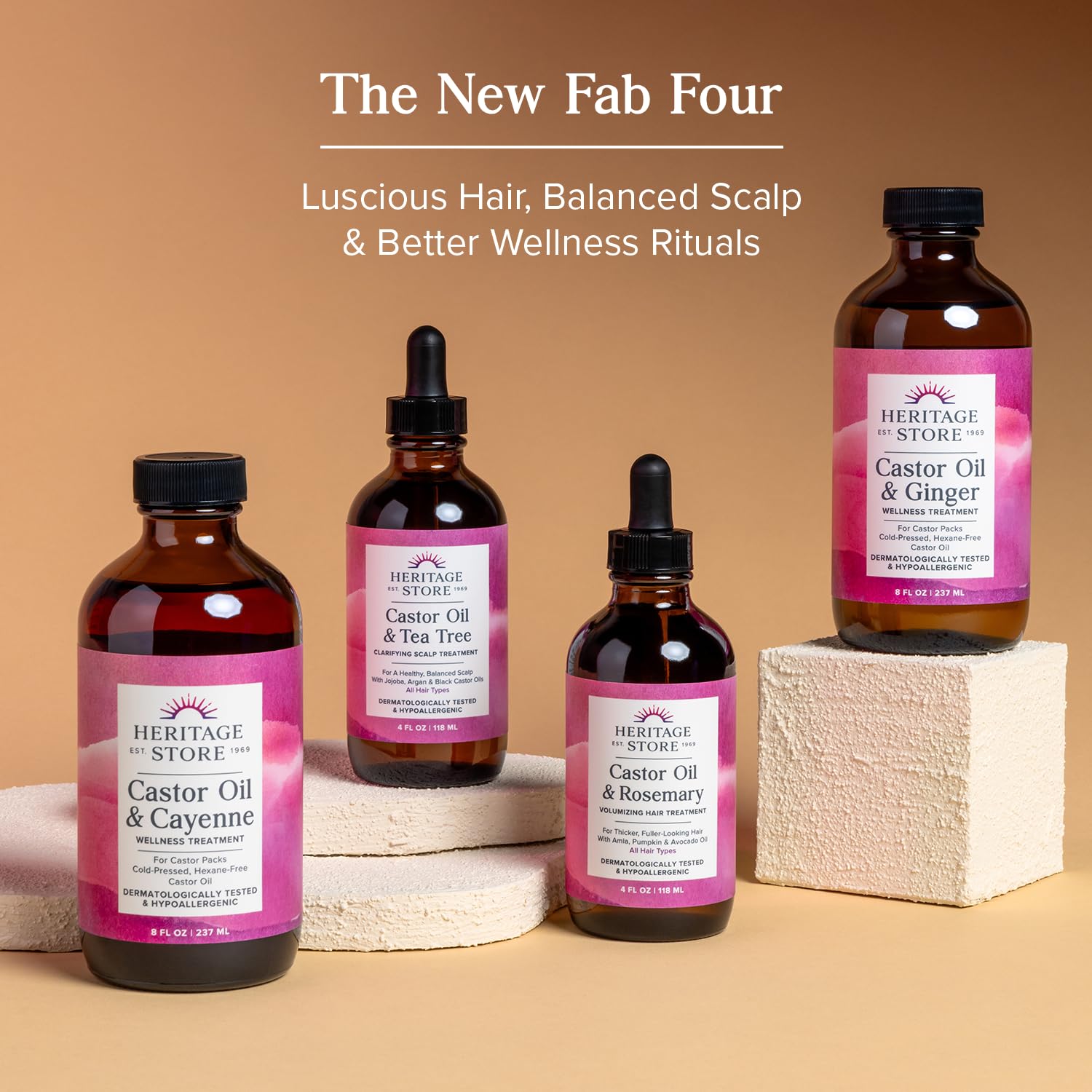 Heritage Store scalp care routine shown on shelf for daily use