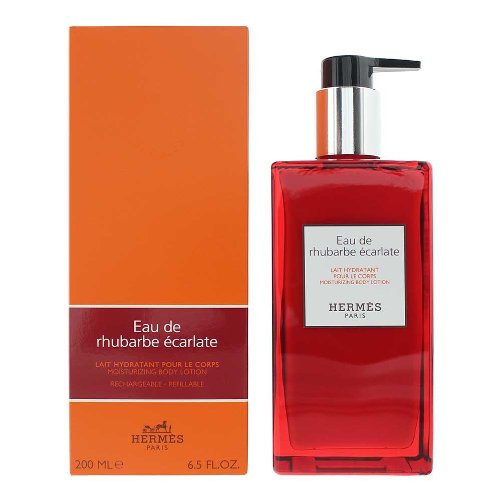 Hermès Eau de Rhubarbe Écarlate bottle showing refreshing scent and quick-absorbing moisturizer