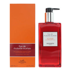 Hermès Eau de Rhubarbe Écarlate bottle showing refreshing scent and quick-absorbing moisturizer
