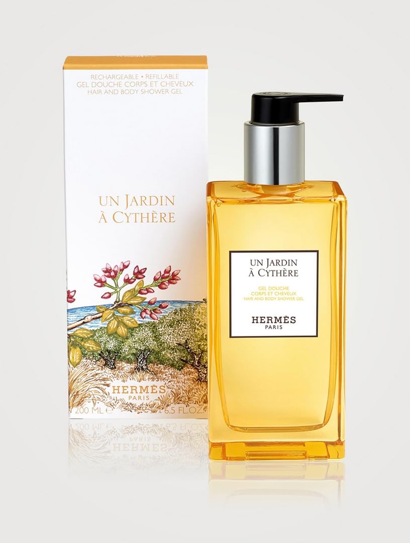Hermès Un Jardin a Cythere shower gel pump detail and signature engraving.