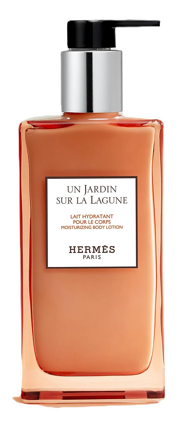 Hermès Un Jardin sur la Lagune moisturizing lotion bottle and pump close-up for quick absorption