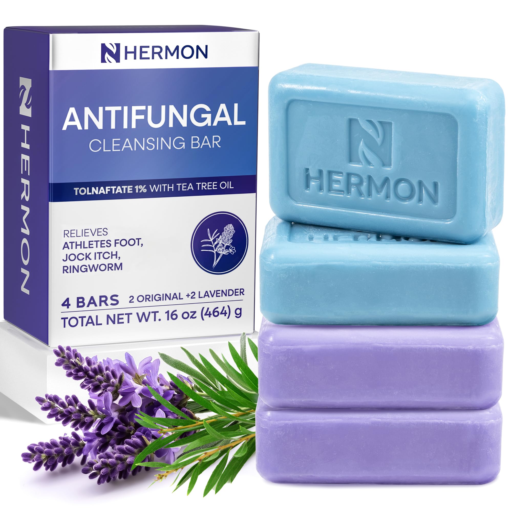 Hermon antifungal soap front pack shows original and lavender variants for post-workout cleansing.