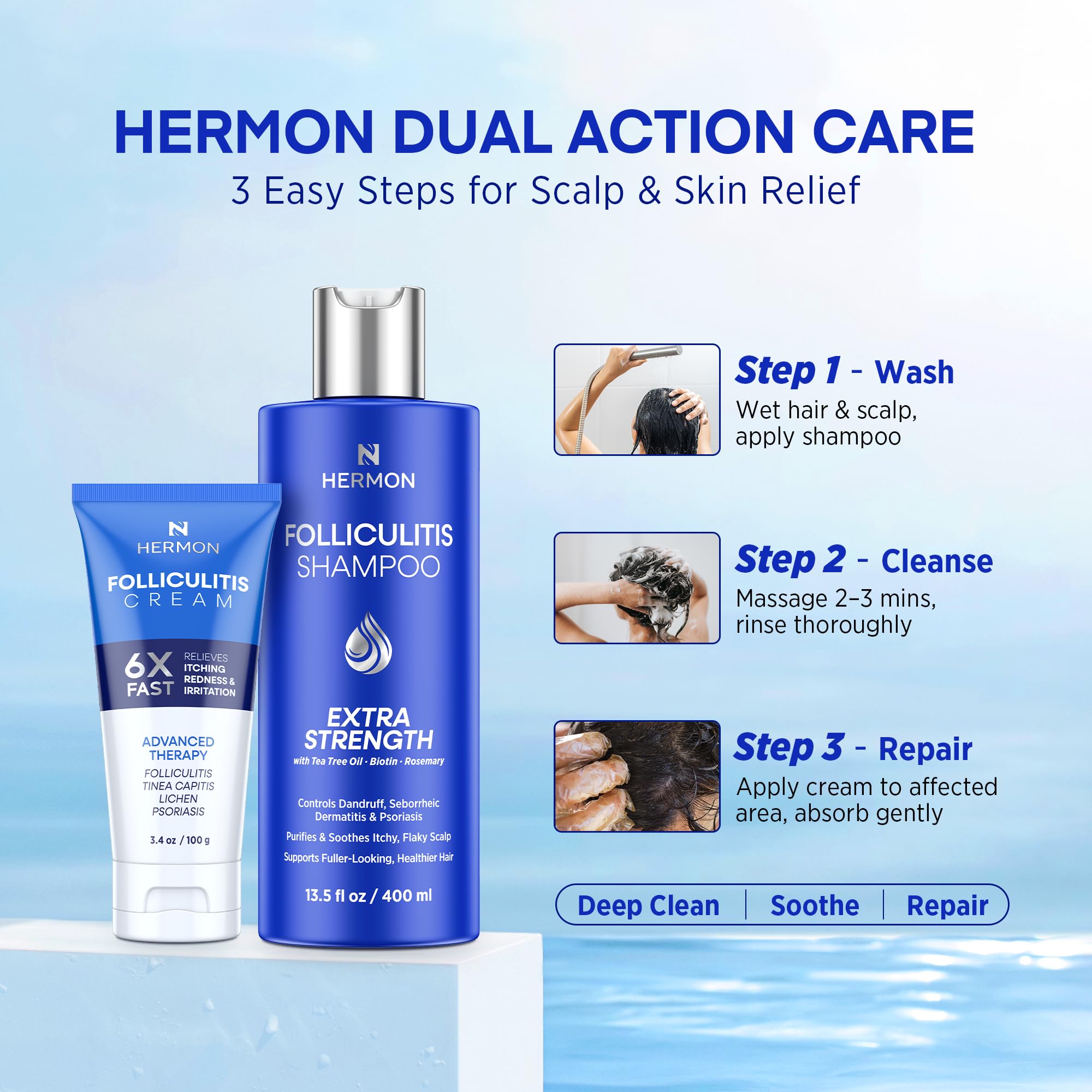 Hermon folliculitis shampoo bottle demonstrates ready-to-use cleansing for scalp comfort.