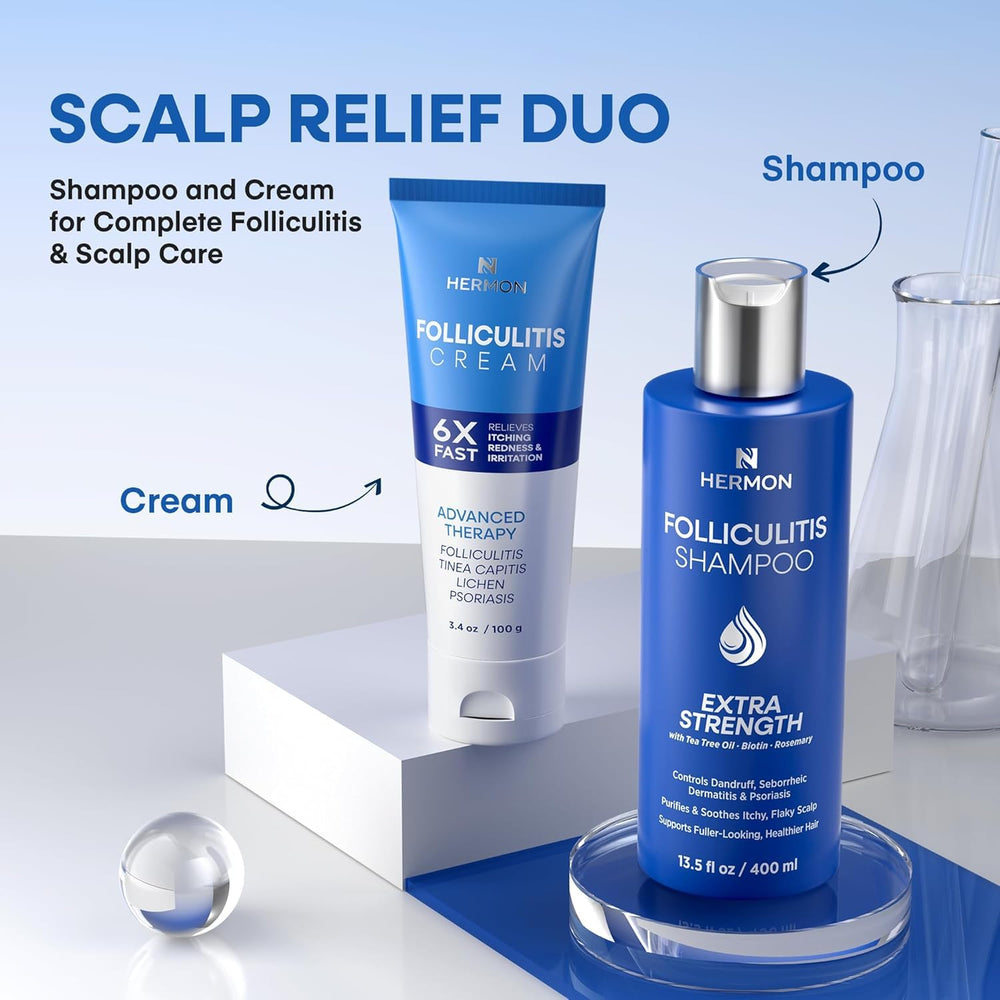 Hermon folliculitis treatment packaging shows two-piece cream and shampoo set.