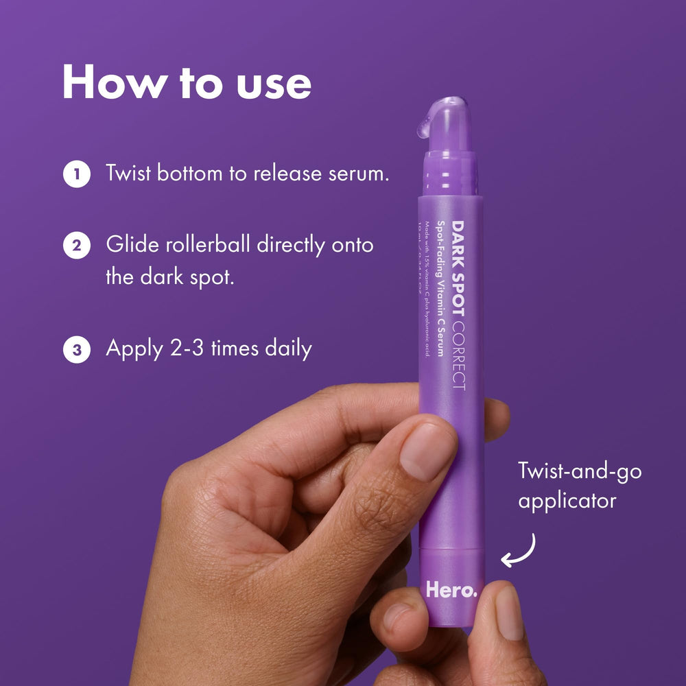 Hero Cosmetics Dark Spot Correct bottle with vitamin C and hyaluronic acid promises support for even tone.
