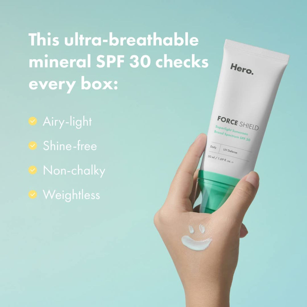 Hero Cosmetics Force Shield packaging close-up highlights reef-safe, fragrance-free formulation