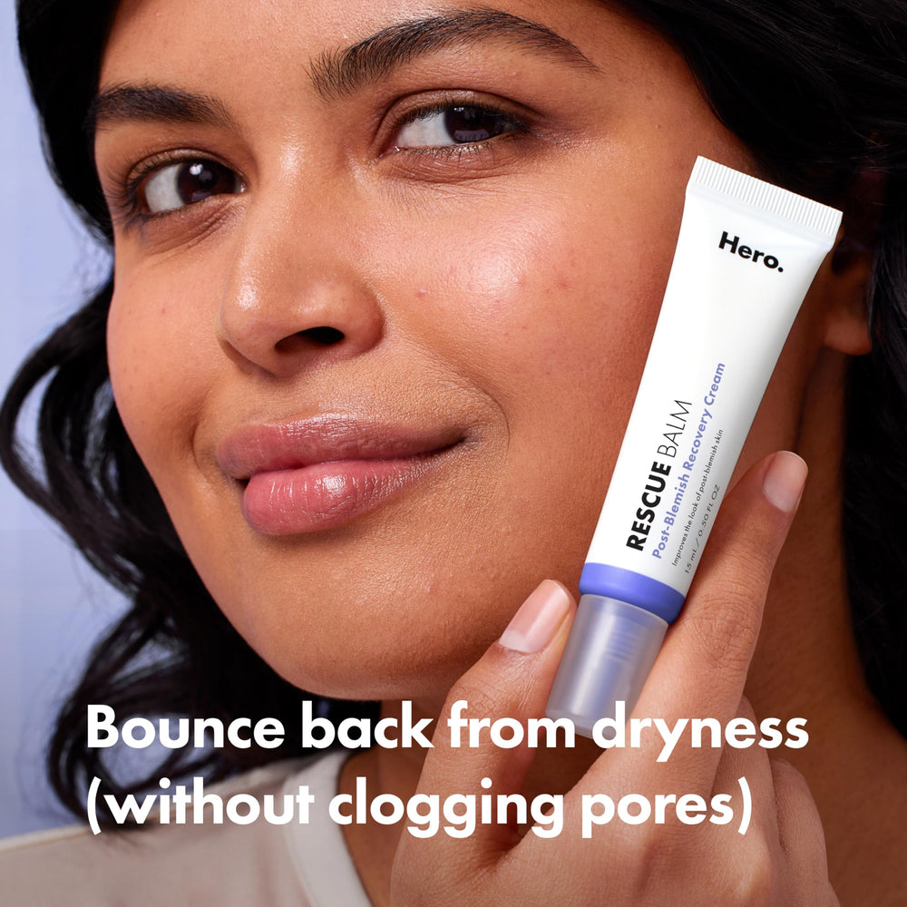Hero Cosmetics Rescue Balm on skin demonstrates gentle, hydrating application for post-blemish dryness