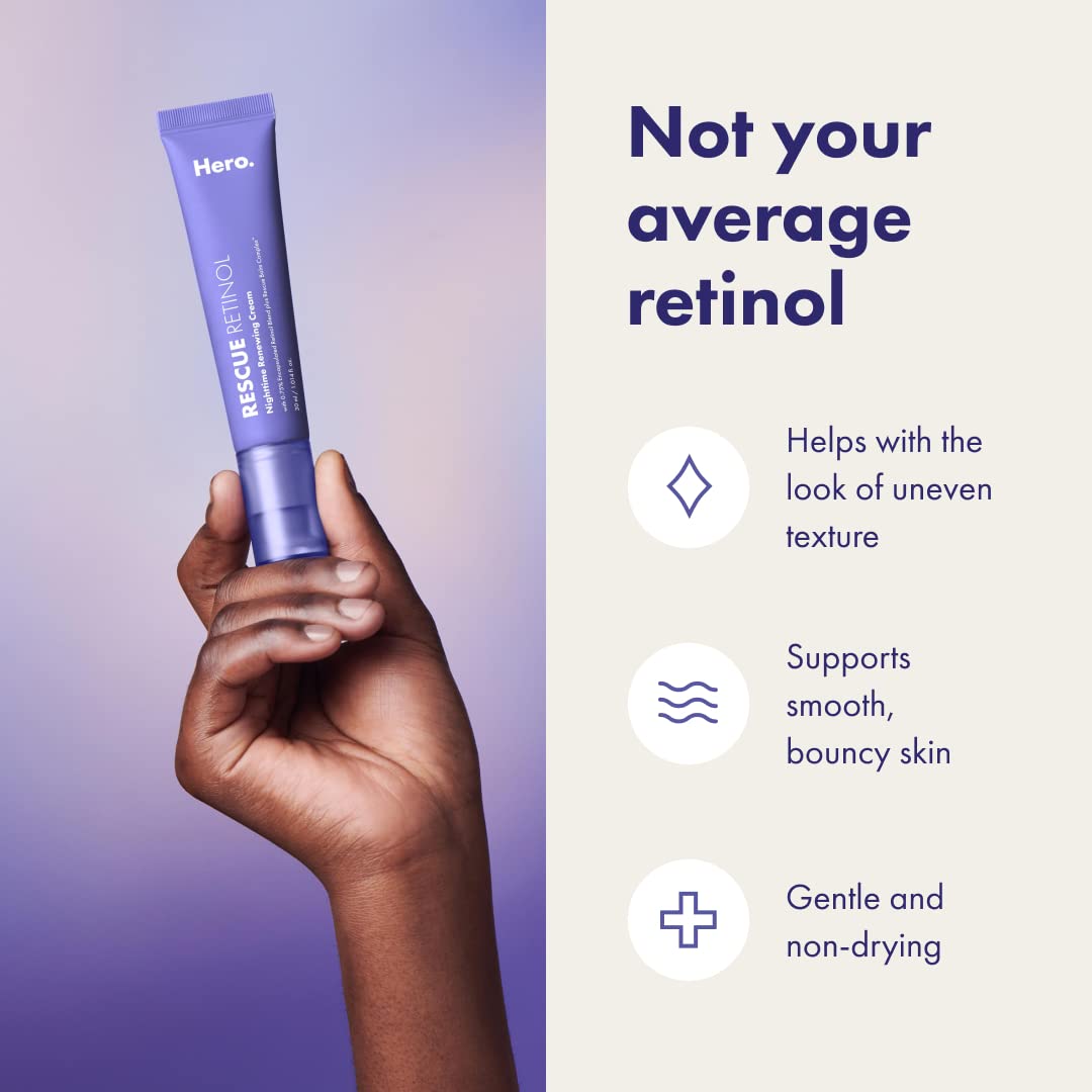 HERO COSMETICS Rescue Retinol packaging box highlights premium night care promises gentle renewal.