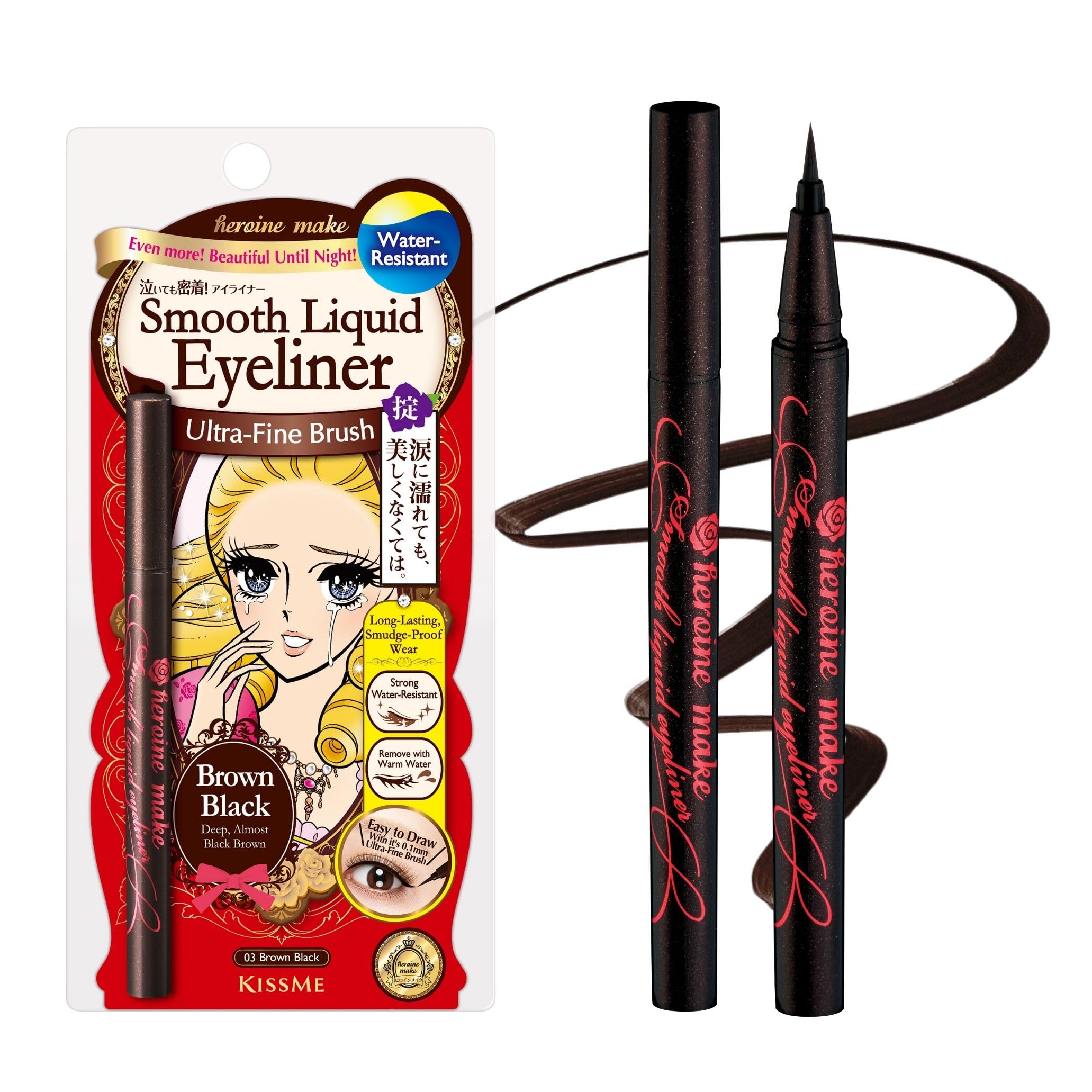 Heroine Make eyeliner pen close-up showing ultra-fine 0.1mm tip for precise cat-eye lines