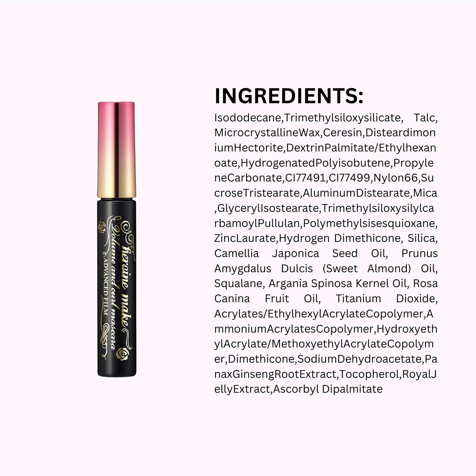 Heroine Make Tubing Mascara enriched with camellia oil and royal jelly for lash care.