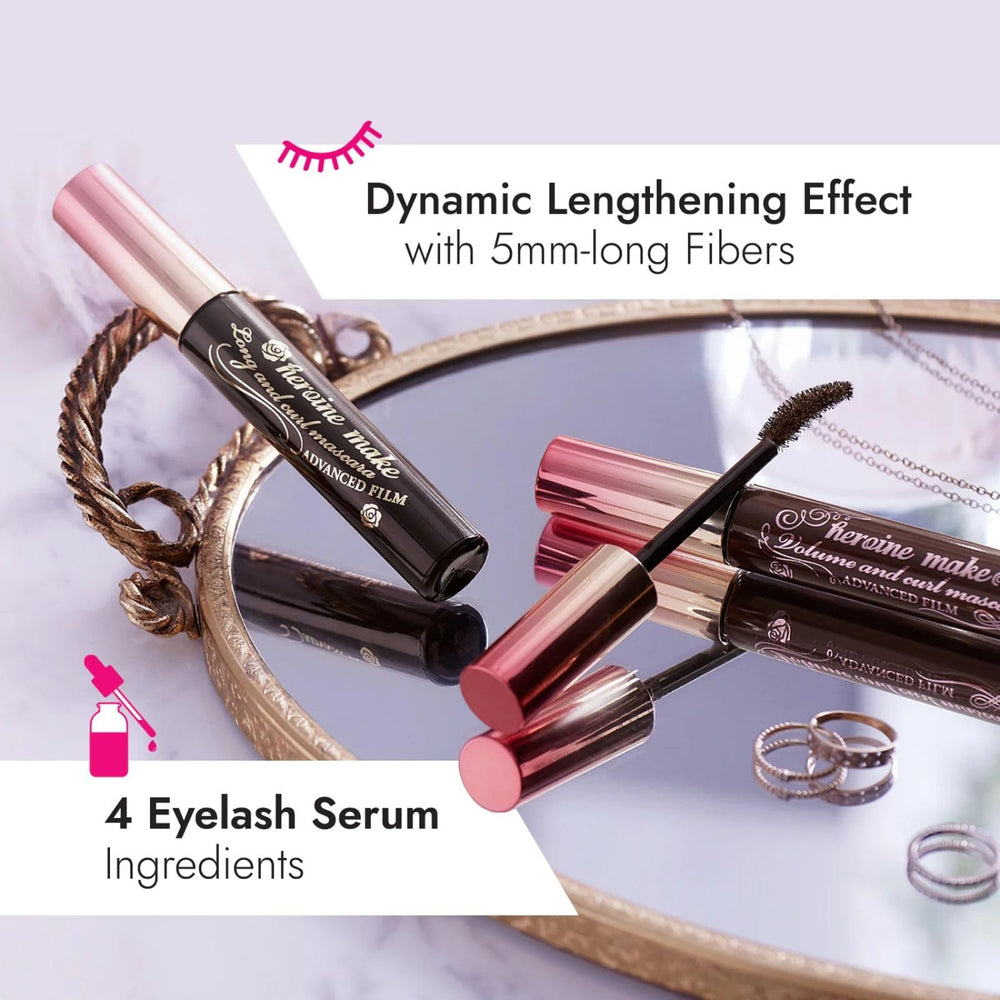 Heroine Make Tubing Mascara before and after showing lifted lashes.