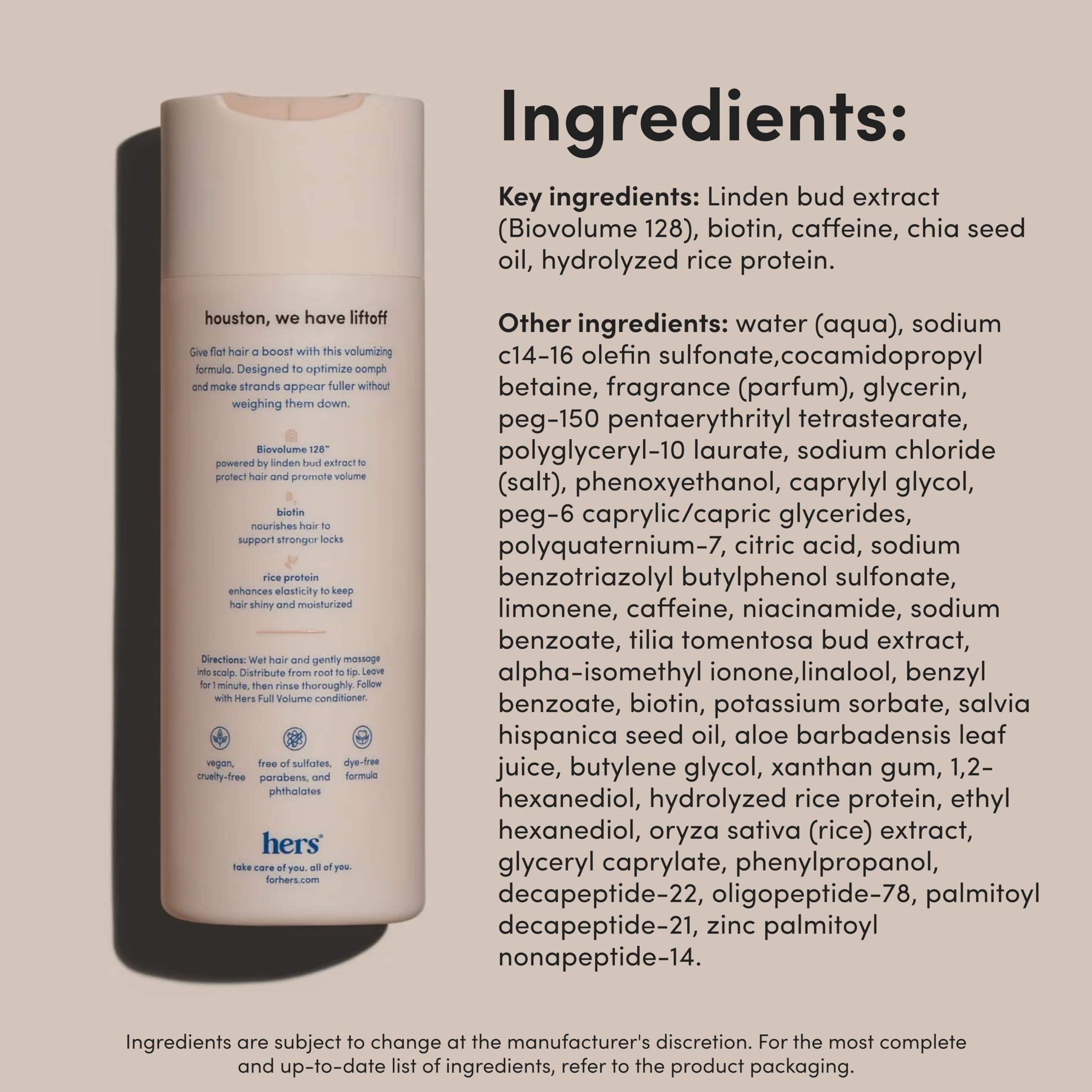 hers full volume shampoo on bathroom shelf with volumized look