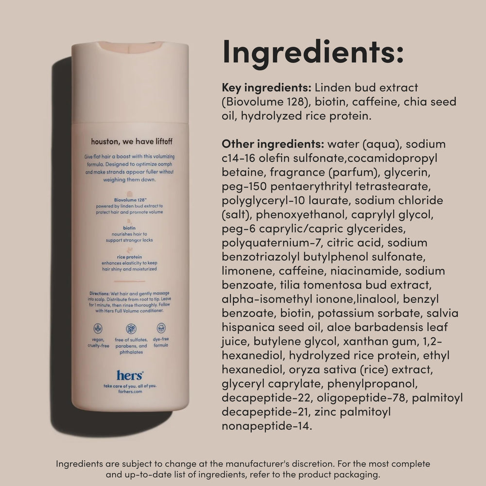 hers full volume shampoo on bathroom shelf with volumized look