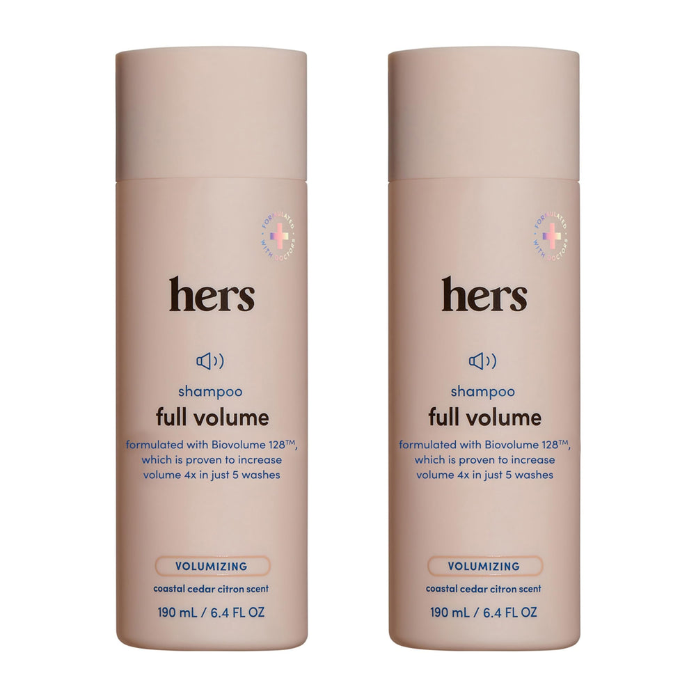 hers full volume shampoo bottle front showing volume boost