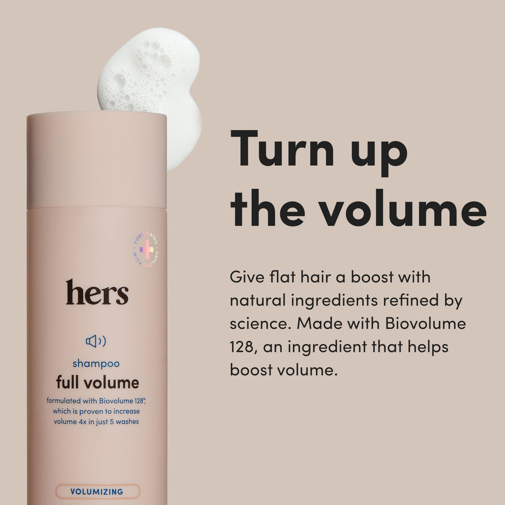hers full volume shampoo label detail highlighting rice protein and biotin