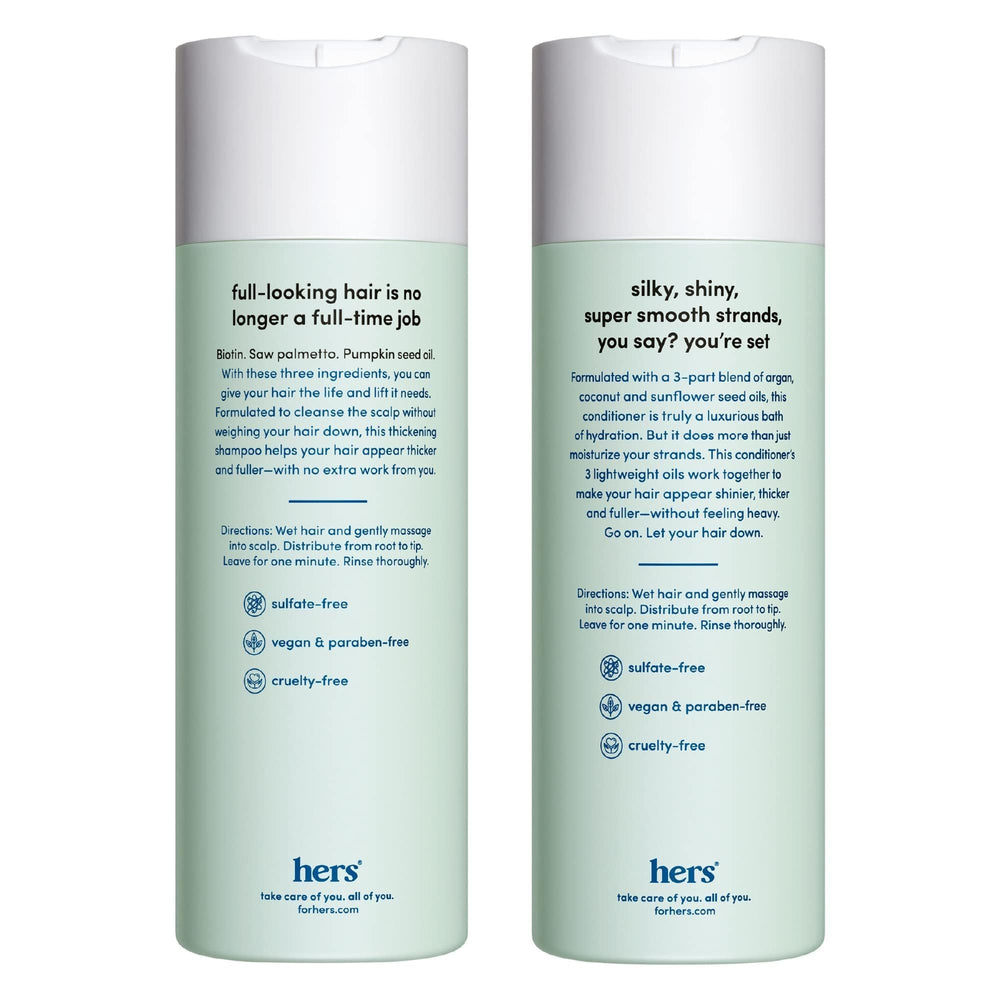 Hers Triple Threat Conditioner bottle close-up, deep hydration for smoother hair