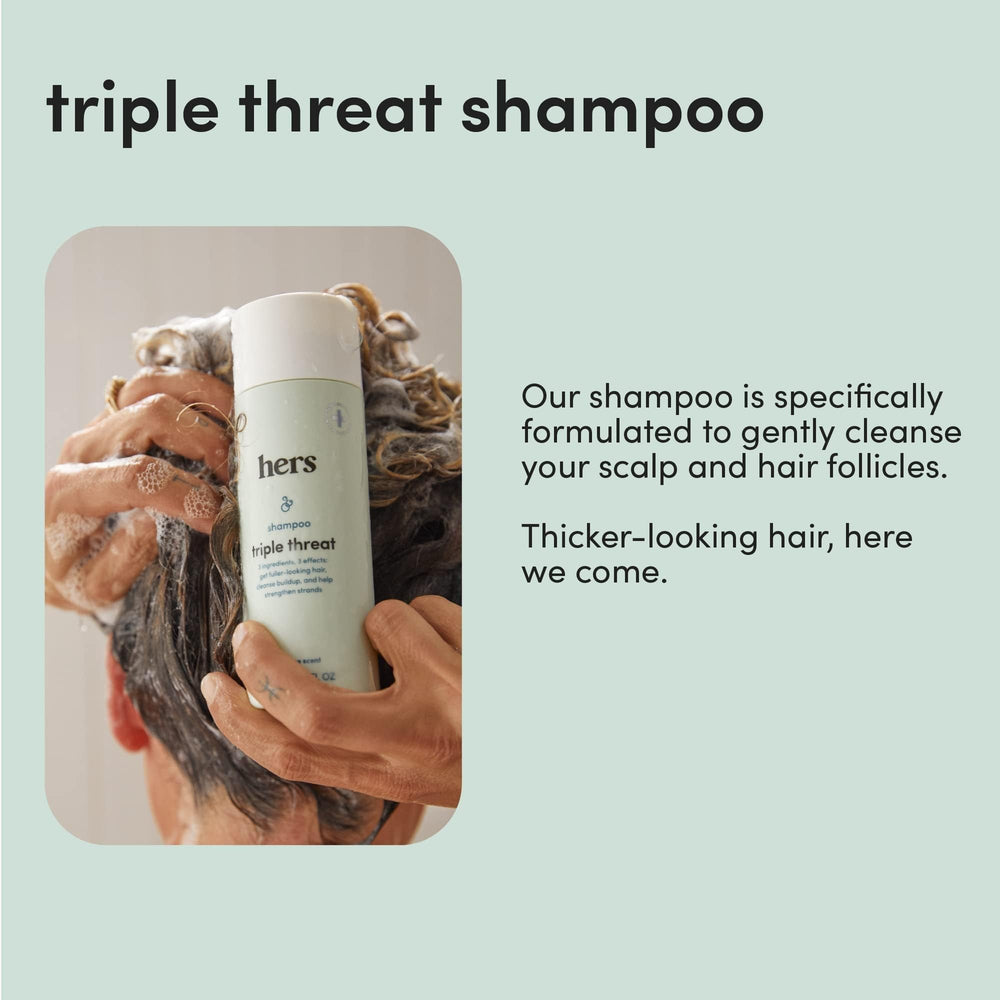 Hers Triple Threat duo image, bottles side by side, lightweight formula boosts body and volume