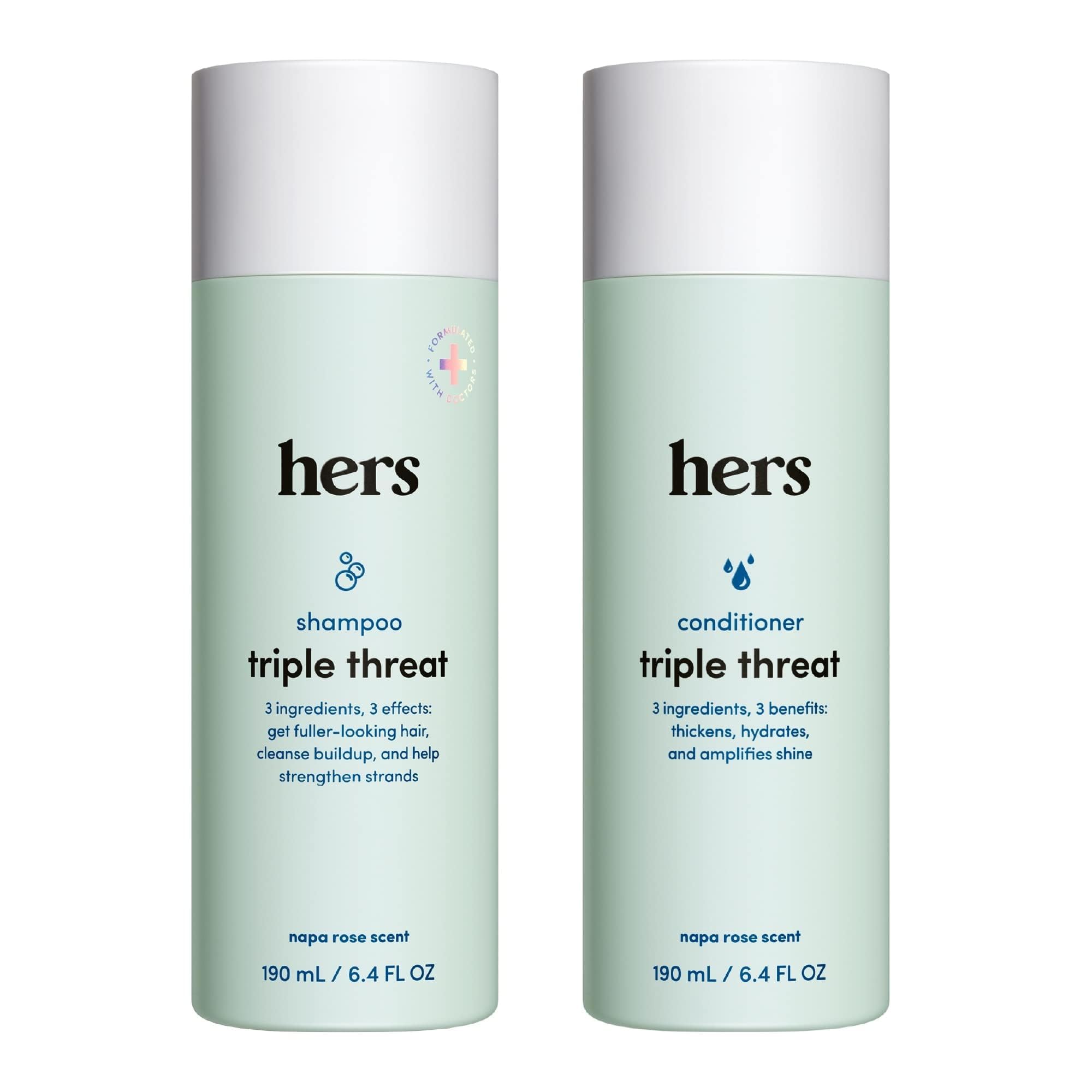 Hers Triple Threat Shampoo bottle close-up, color-safe cleansing for all hair types