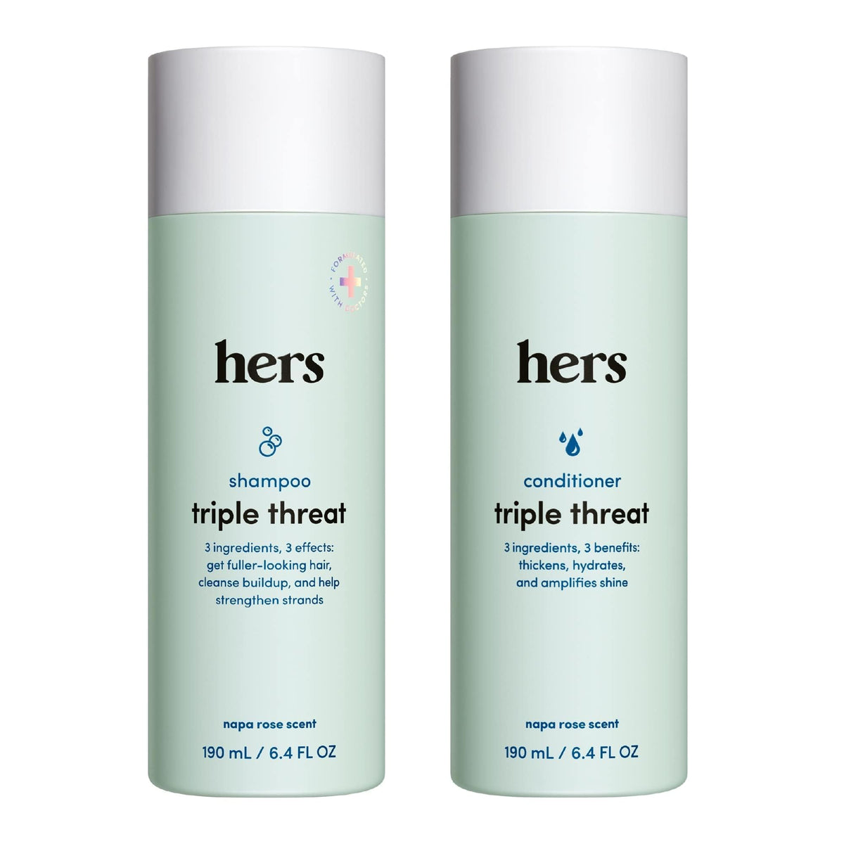 Hers Triple Threat Shampoo bottle close-up, color-safe cleansing for all hair types