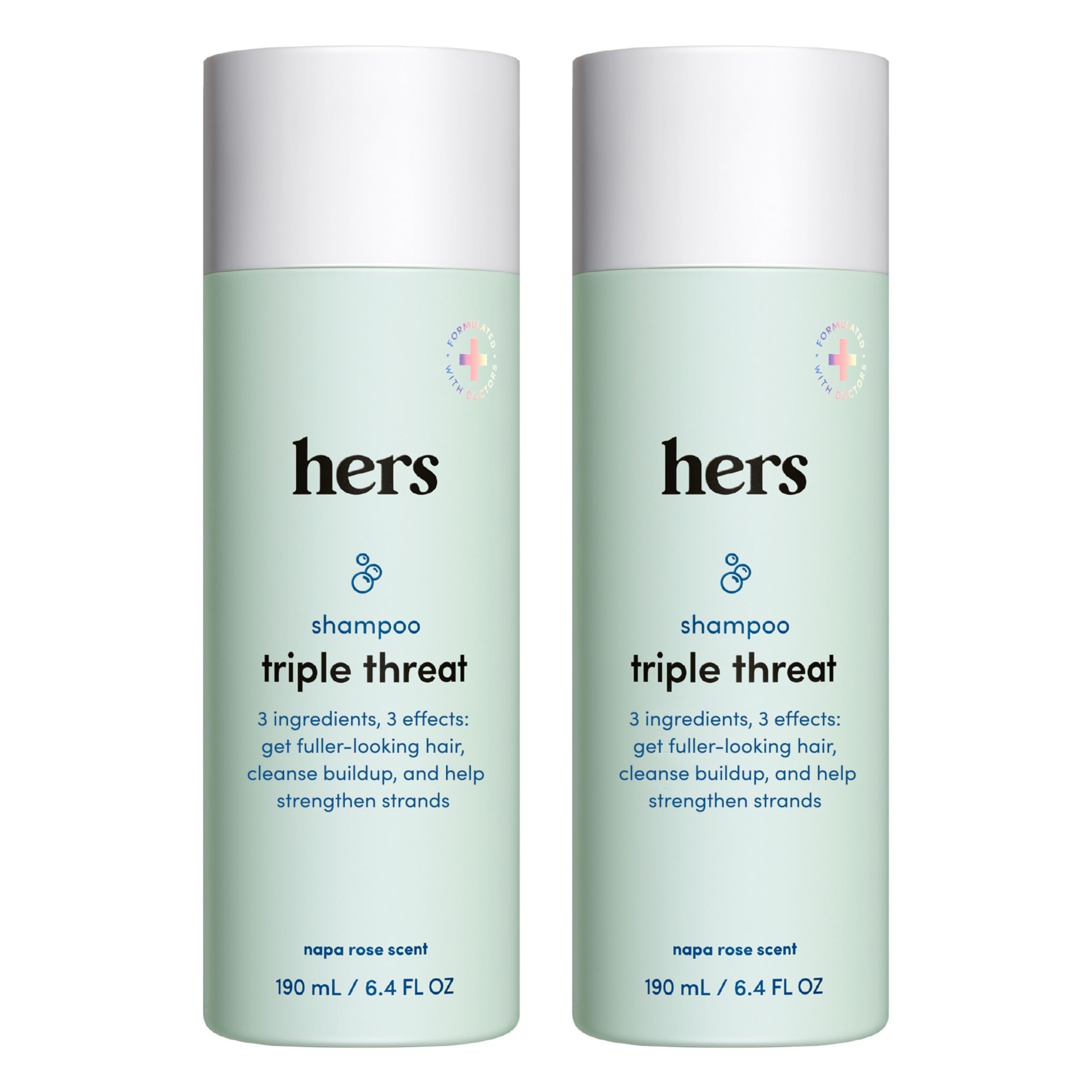 Hers Triple Threat Shampoo bottle with Napa Rose scent for fuller-looking hair