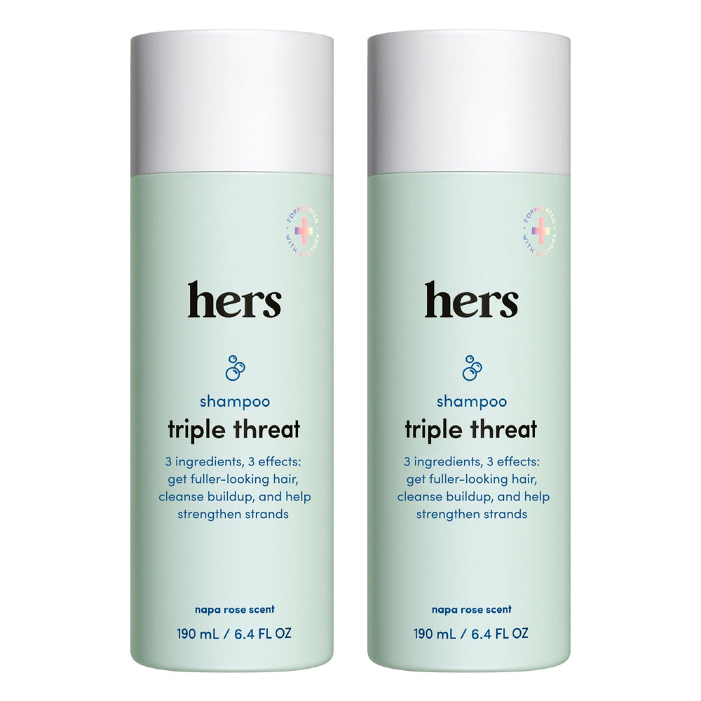 Hers Triple Threat Shampoo bottle with Napa Rose scent for fuller-looking hair