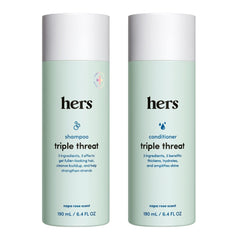 Hers Triple Threat Shampoo bottle close-up, color-safe cleansing for all hair types