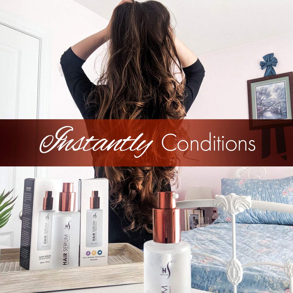 HerStyler Argan Oil Serum with vitamin E and aloe for moisturized hair.