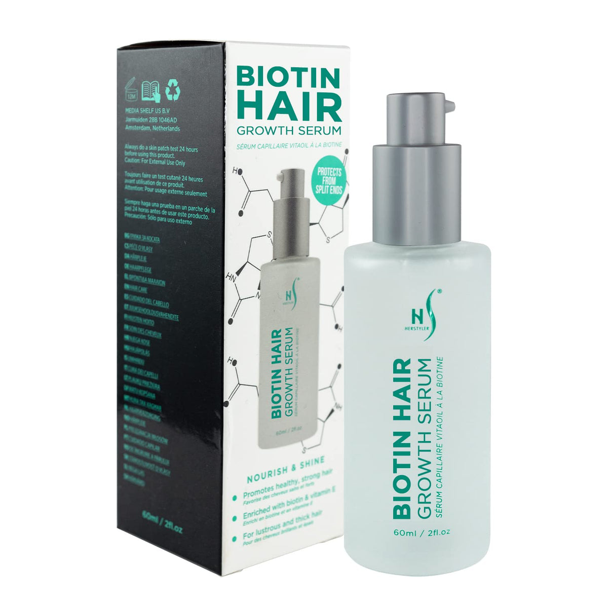 HerStyler Biotin Hair Serum bottle shows a lightweight formula for frizz control