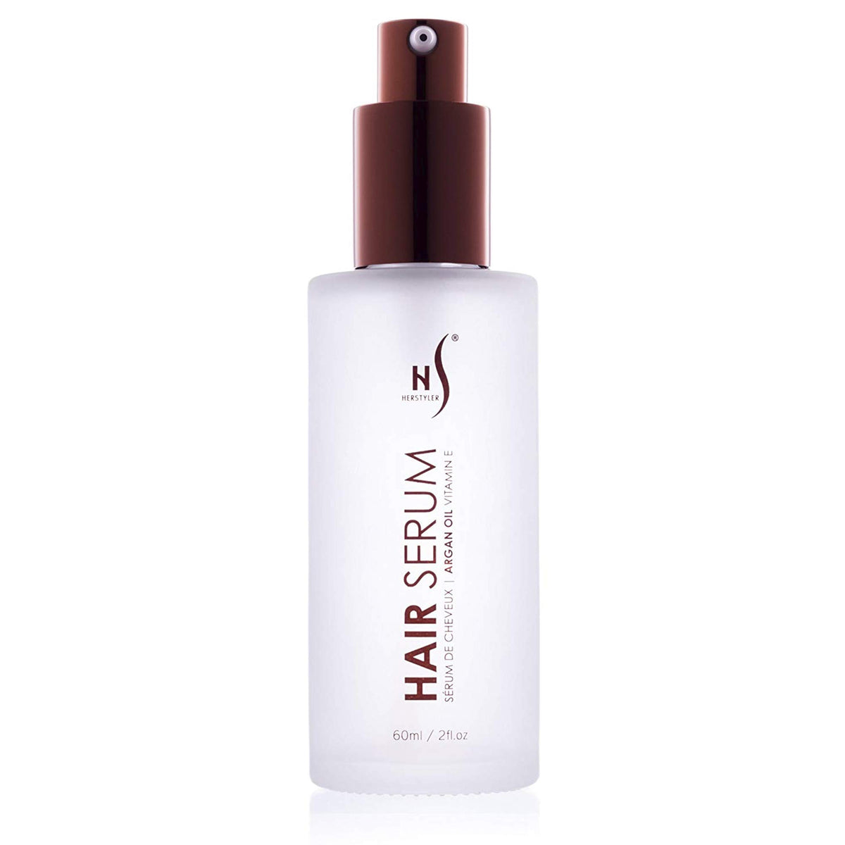 HerStyler Hair Repair Serum bottle with argan oil for frizz control.