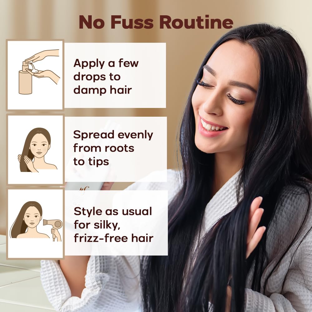 HerStyler Hair Serum close-up showing glossy, frizz-control finish