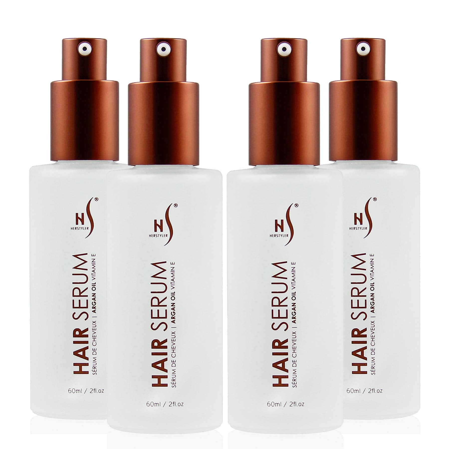 HerStyler Serum bottle being poured for quick frizz control and smoother hair.