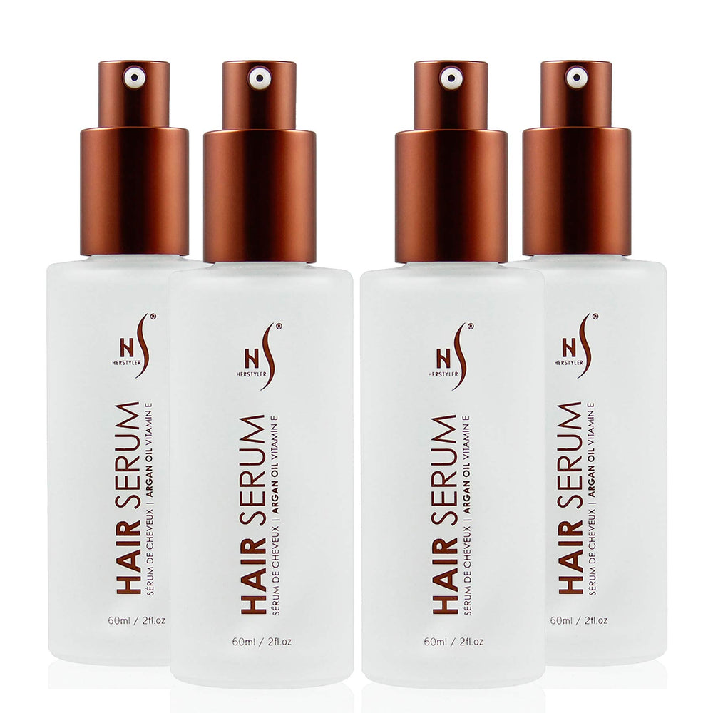 HerStyler Serum bottle being poured for quick frizz control and smoother hair.