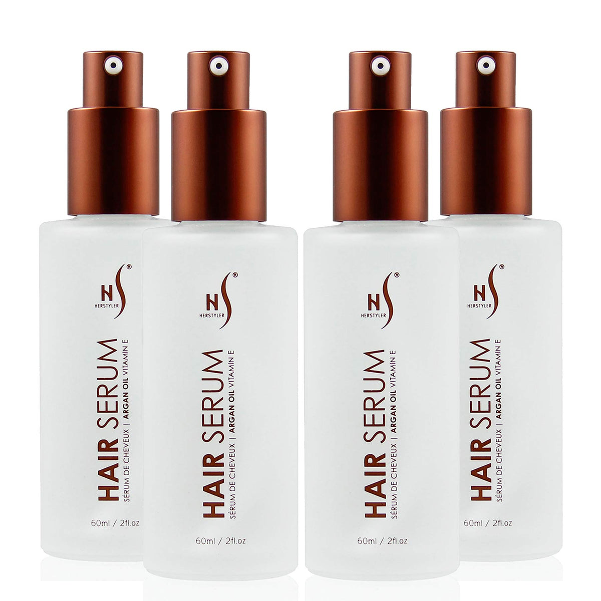 HerStyler Serum bottle being poured for quick frizz control and smoother hair.