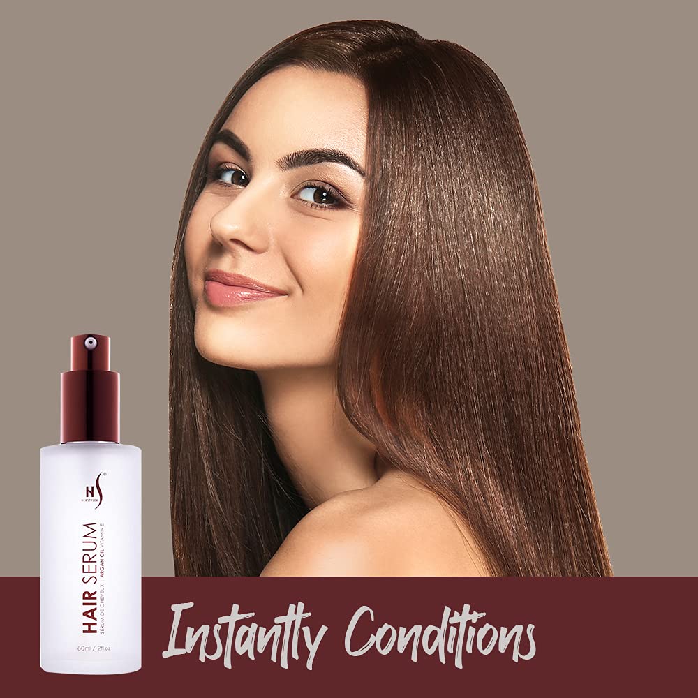 HerStyler Serum frizz-control application demonstrates smoother, more manageable hair.
