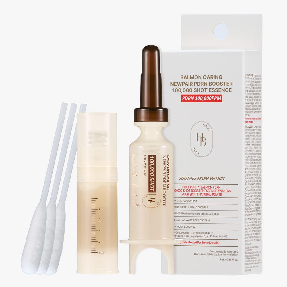 Close-up of HEVEBLUE Salmon Caring Centella bottle for daily, gentle use