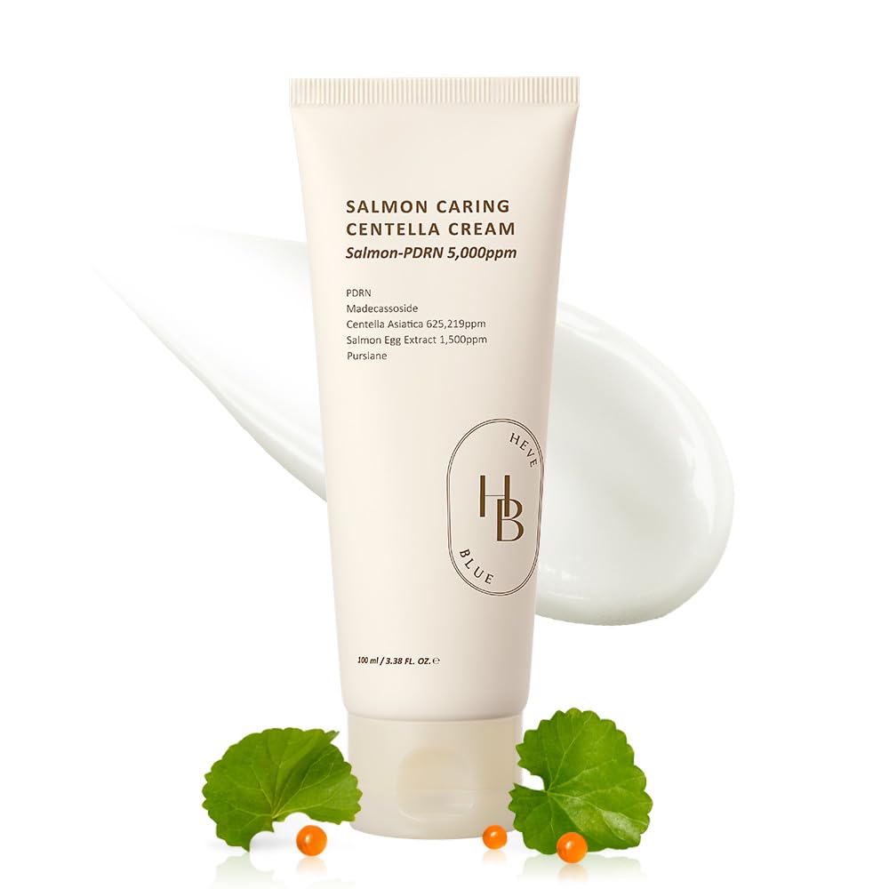 HEVEBLUE Salmon Caring Centella Cream jar for deep hydration and gentle skin support