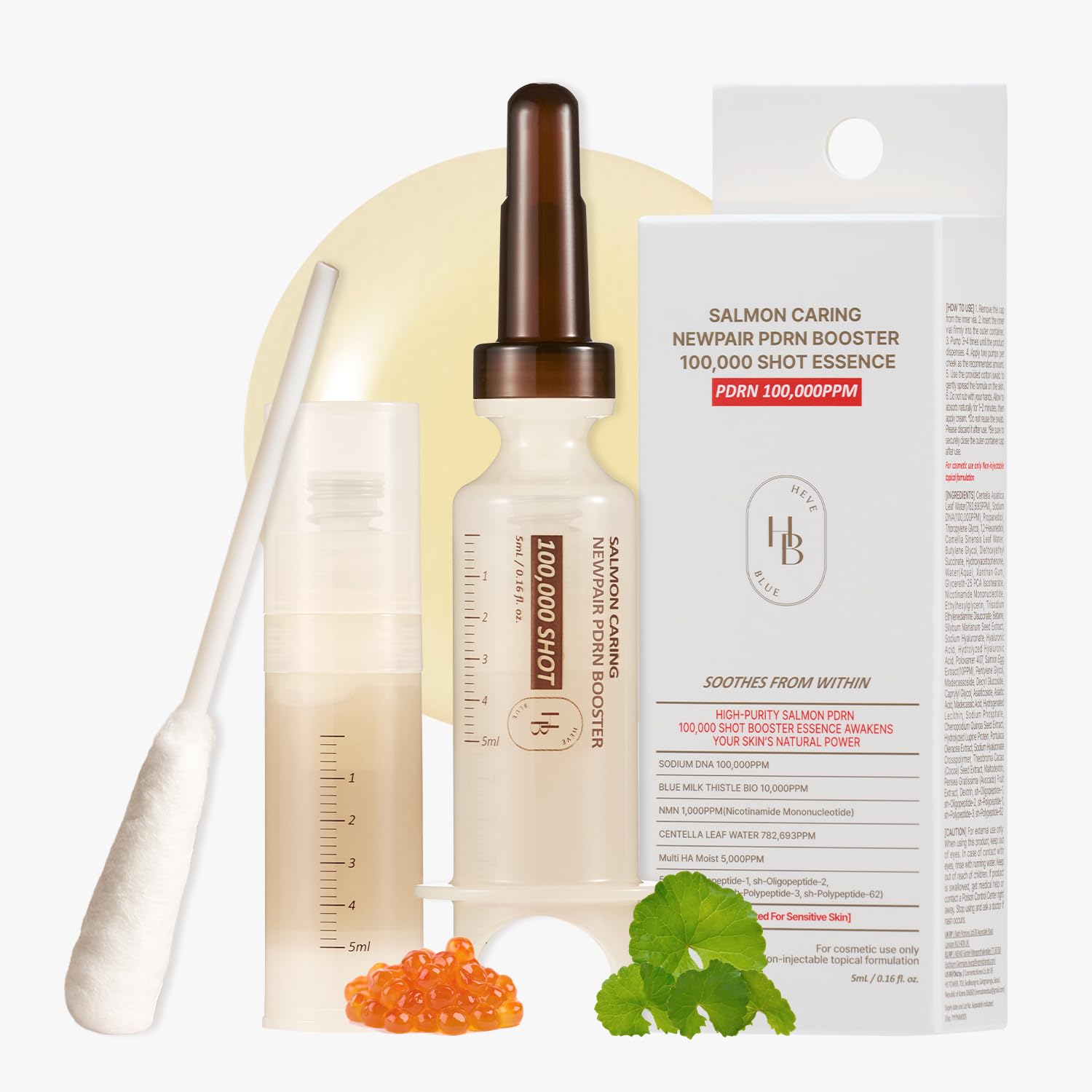 HEVEBLUE Salmon Caring Centella booster packaging highlights premium at-home skincare