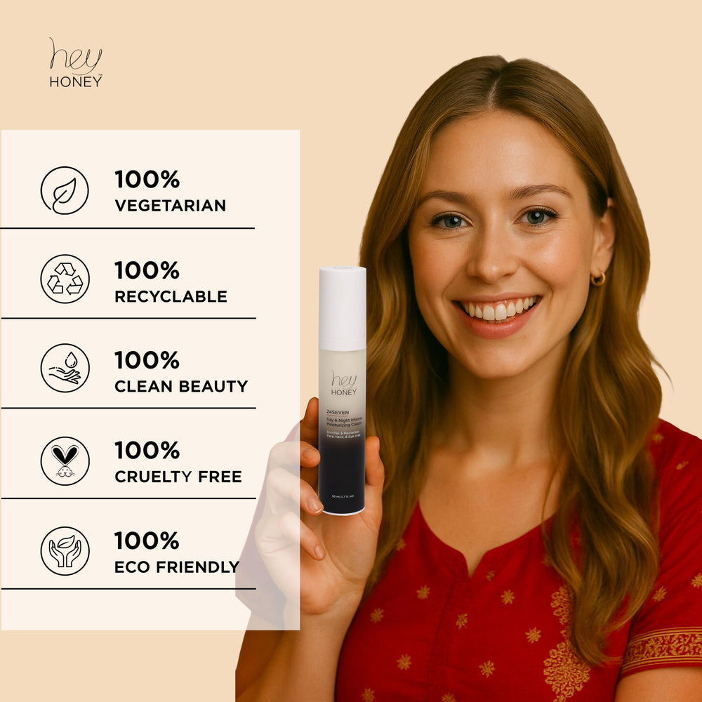 Hey Honey 24Seven bottle with honey imagery for rejuvenating antioxidant-rich care.