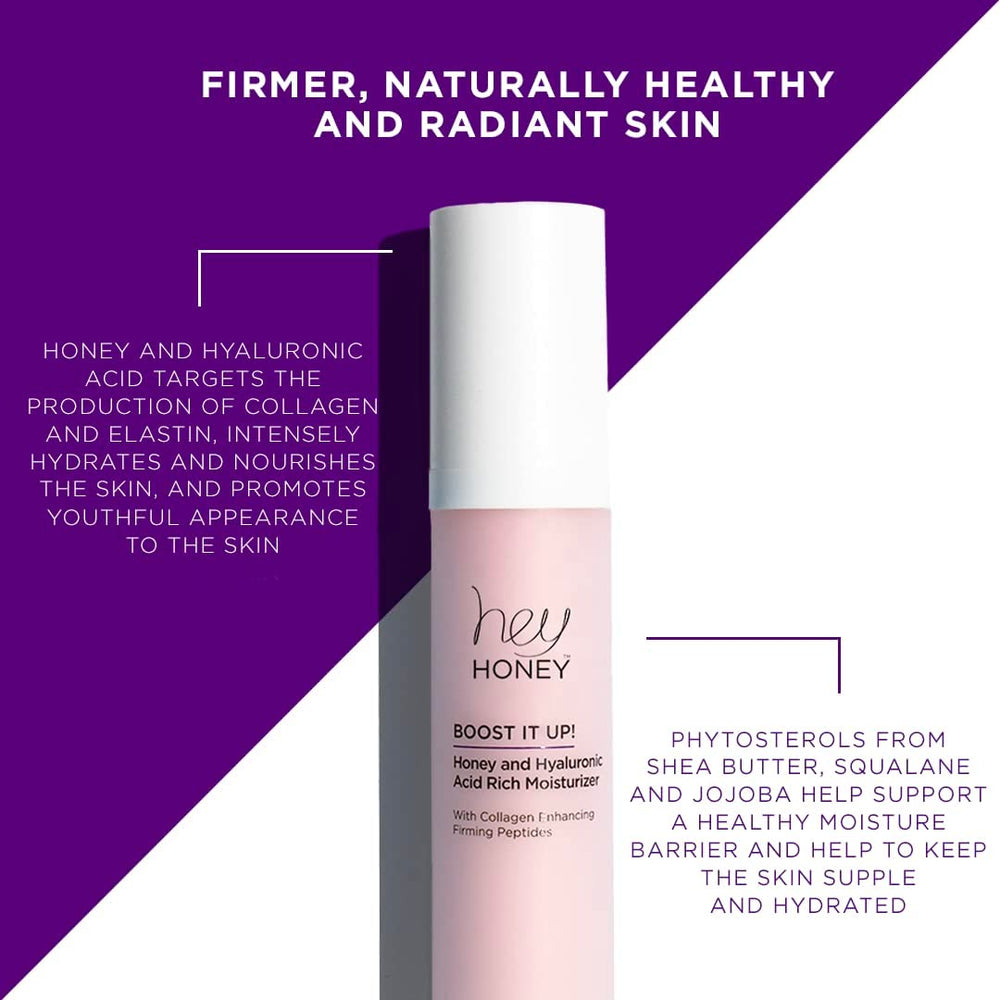 Close-up of Hey Honey Boost It Up label emphasizing clean formulary and vegan-friendly claims.