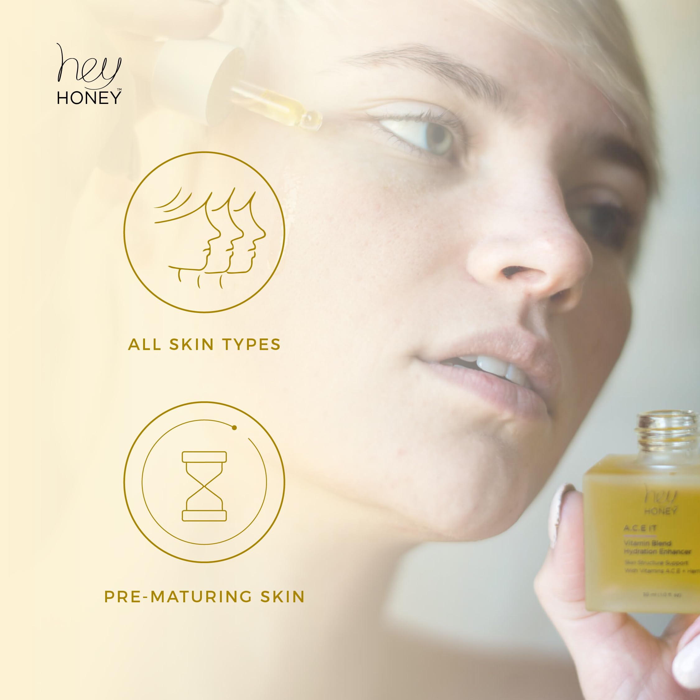 Hey Honey Clean Beauty formula in bottle underlines cruelty-free, dermatologist-approved care.